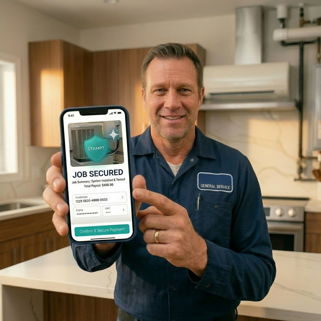 Professional contractor holding Stampt app